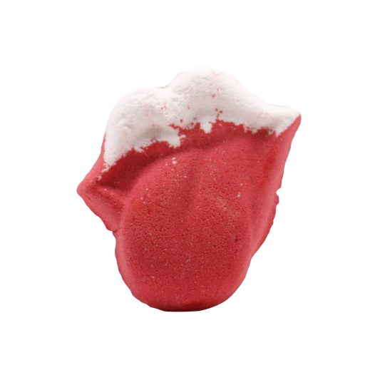 Red and white Lips Bath bomb shaped like lips with tongue, infused with raspberry and pomegranate scent, 60g.