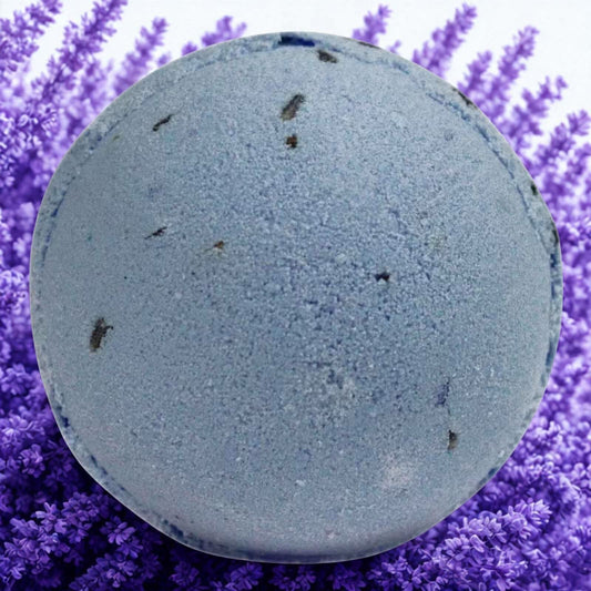 Lavender Bath Bomb with French lavender oil and seeds on lavender flowers background