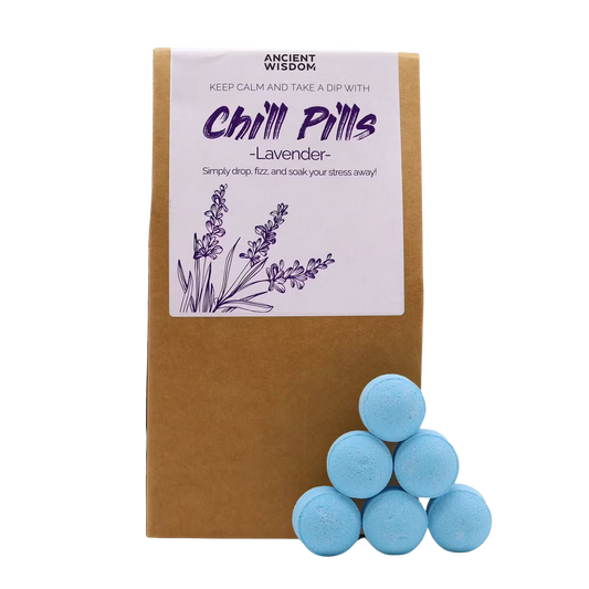 Chill Pills Gift Pack lavender scented bath bombs in eco-friendly packaging with calming floral design