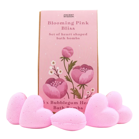 Blooming Pink Bliss heart-shaped bath bombs gift set in decorative box with bubble gum scent