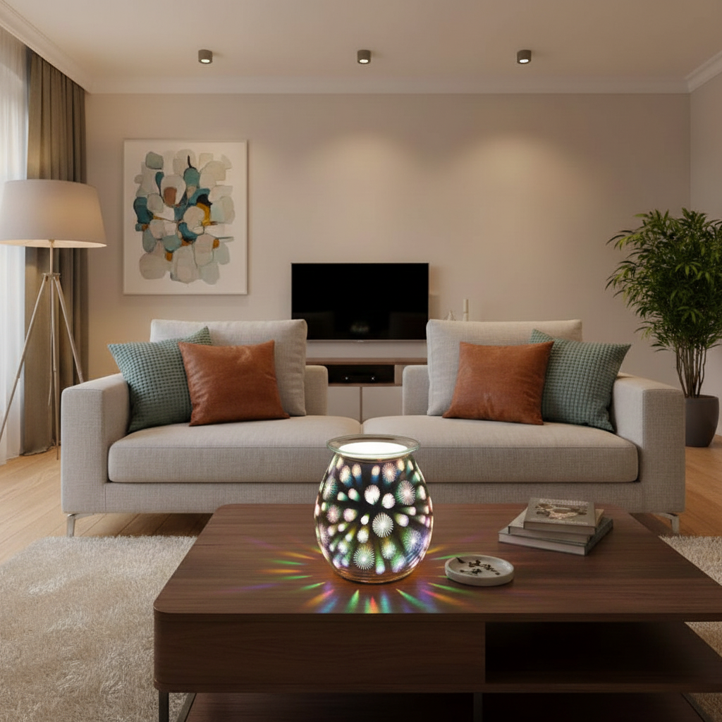 3D Starburst Light Up Electric Oil Burner with colorful glowing starburst pattern on a dark round base on wooden table in a modern living room