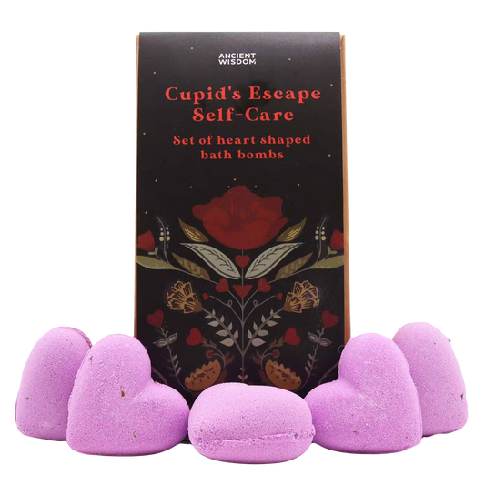 Cupids Escape Self Care bath heart gift set with French lavender scent and five heart-shaped bath bombs in a decorative box