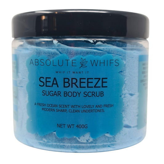 Sea Breeze Sugar Body Scrub jar with ocean-inspired scent and exfoliating sugar texture for smooth skin