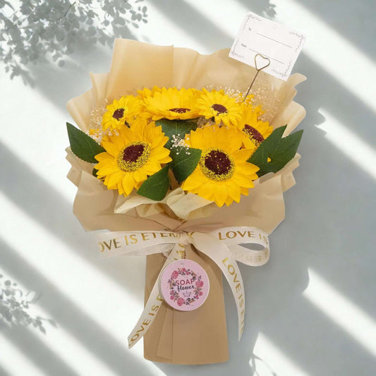 Large sunflowers bouquet made of soap petals with golden wrapping and Love is Eternal ribbon, including a gift card.