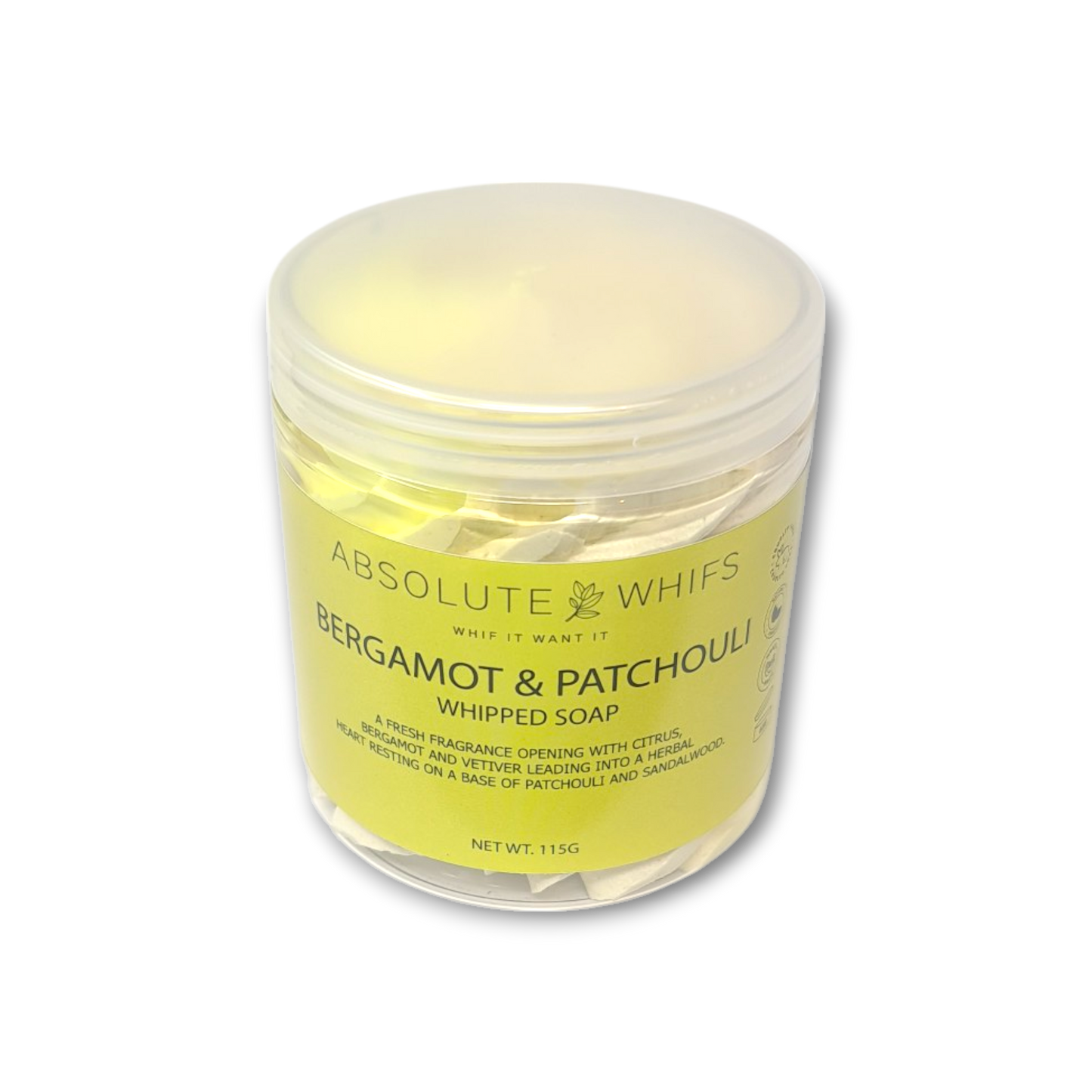 Bergamot and Patchouli Whipped Soap in jar with soothing and refreshing scent.