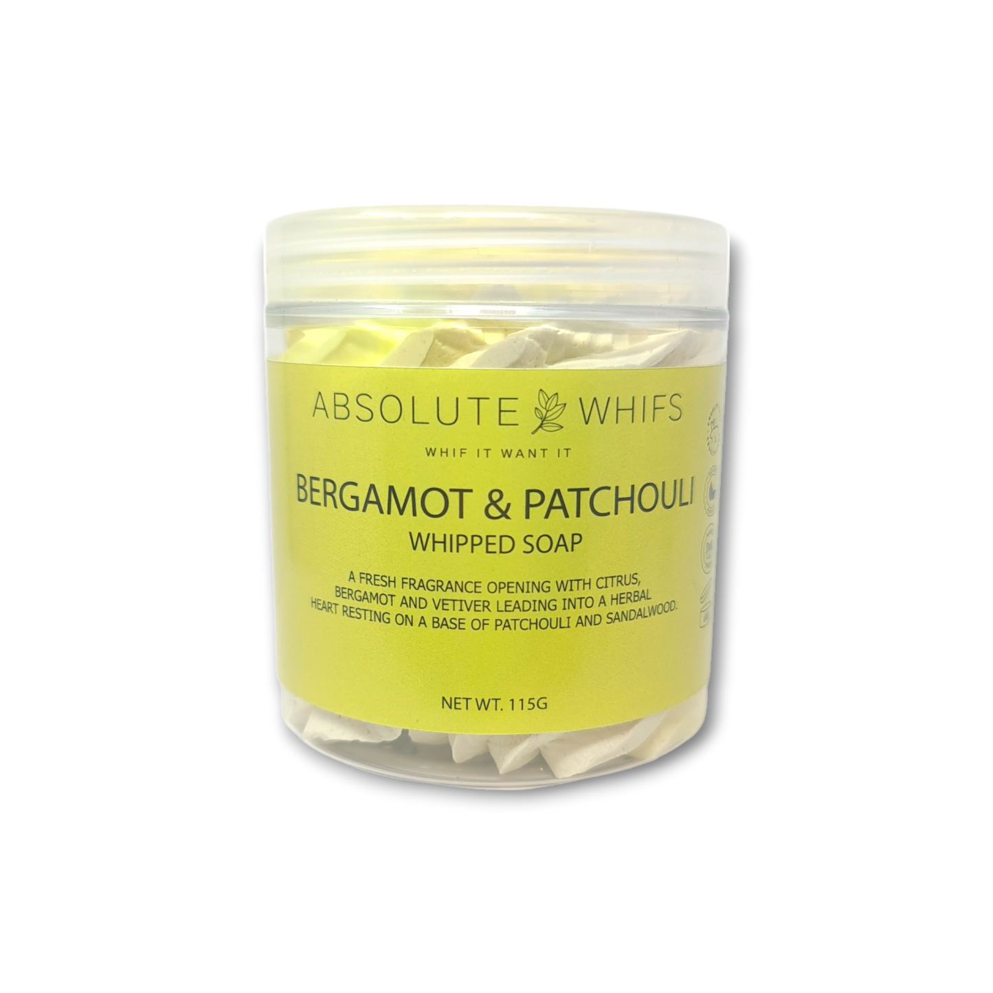 Bergamot and Patchouli whipped soap in a clear jar, offering a relaxing and soothing bathing experience with citrus, patchouli, and sandalwood notes.
