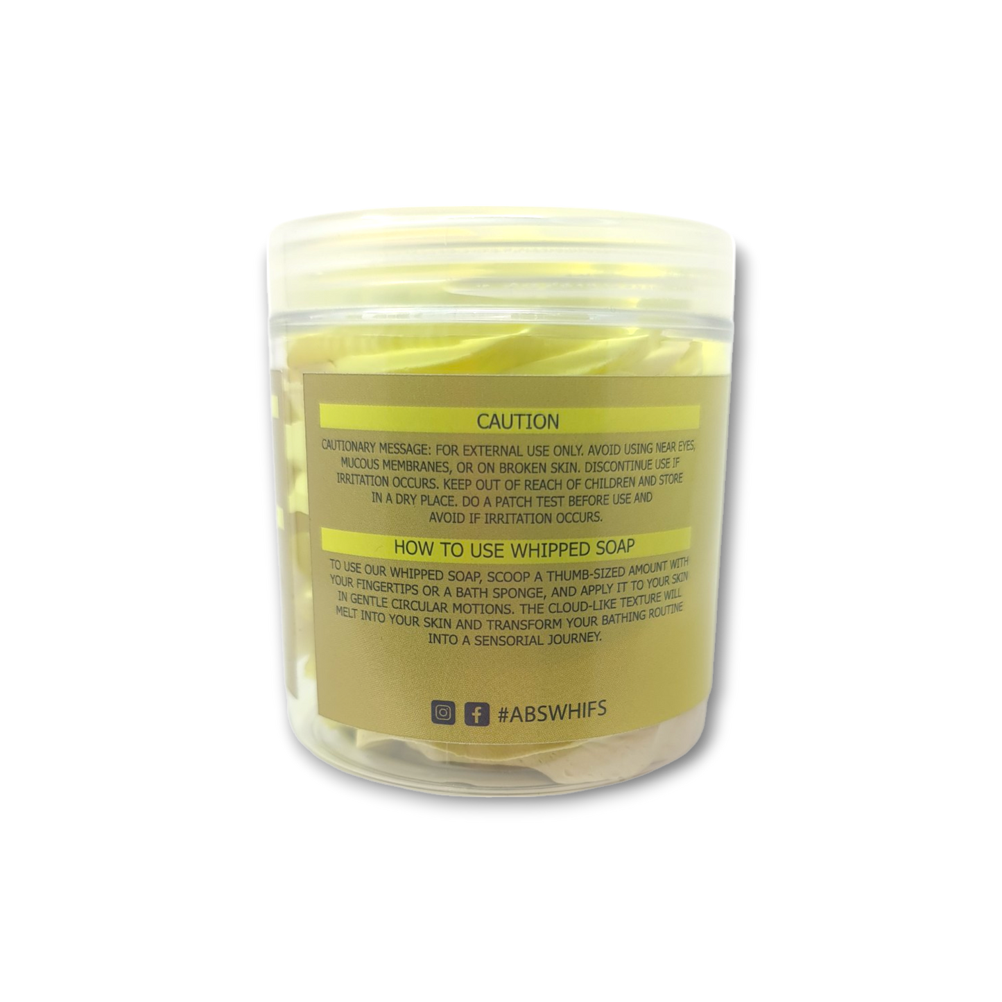 Bergamot and Patchouli Whipped Soap in jar with caution label and social media info.