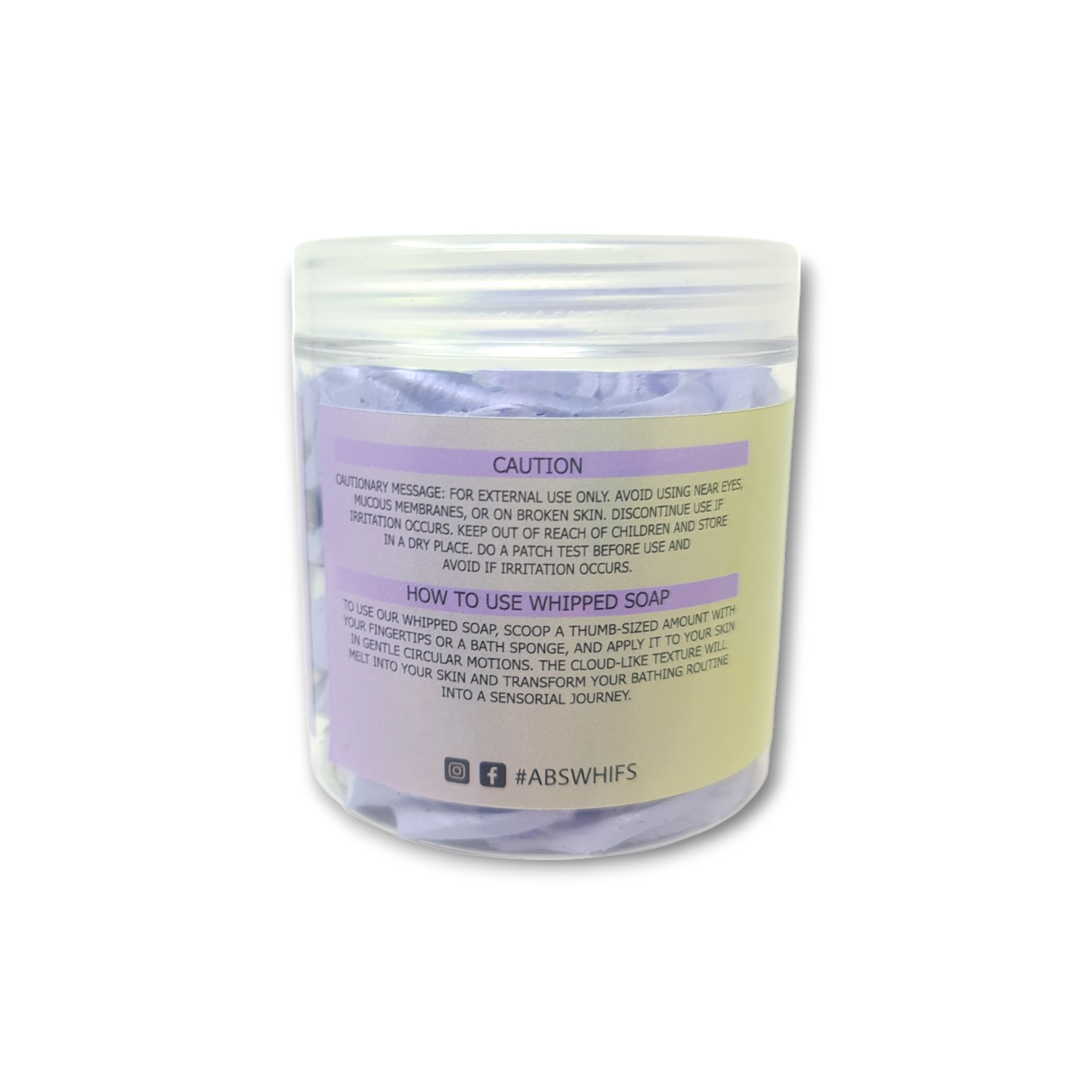 Lemon lavender whipped soap jar with label and caution instructions.