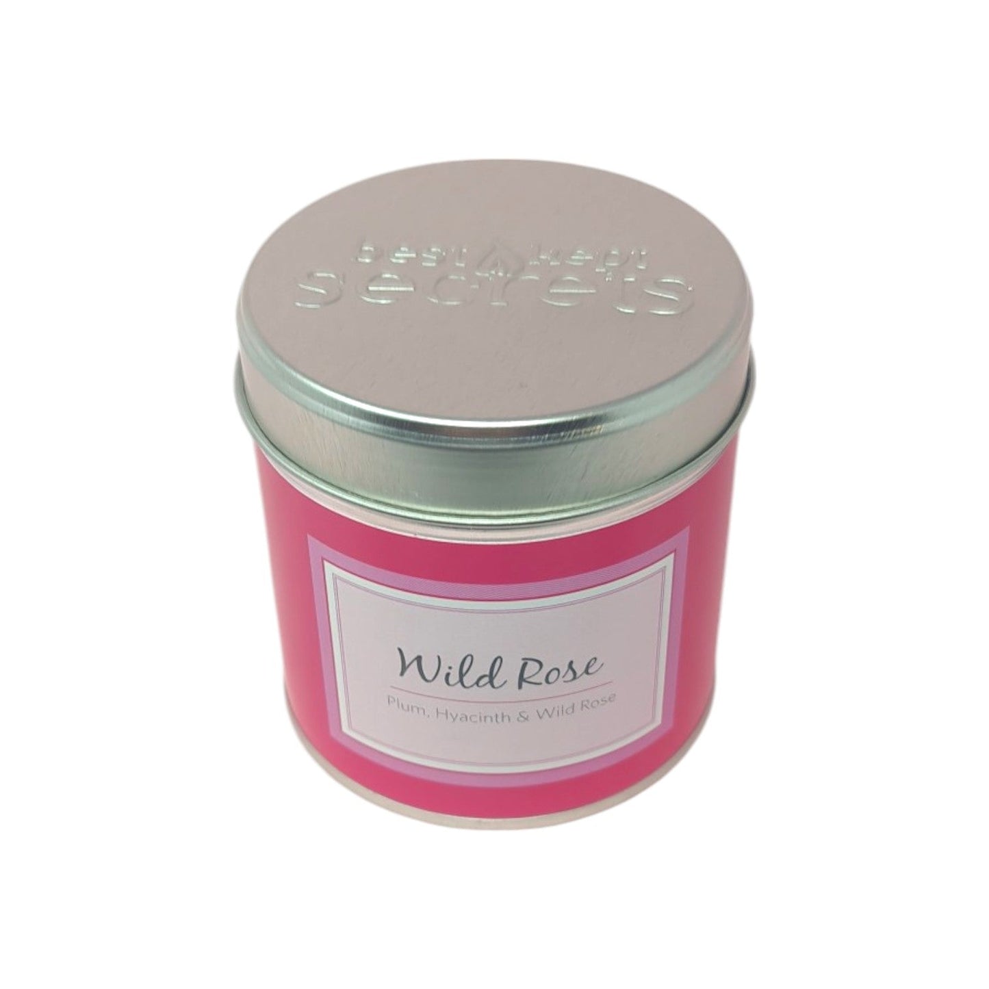 Wild Rose Scented Candle - Scented candle tin labeled Wild Rose with plum and hyacinth essence.