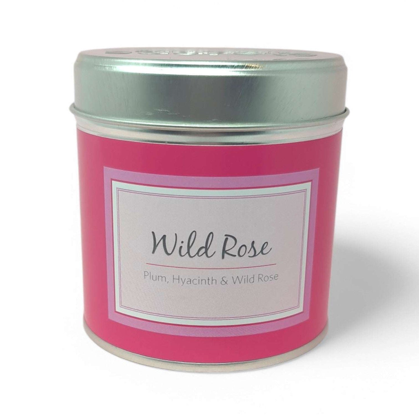 Wild Rose Scented Candle - Pink tin of Seriously Scented Candle in Wild Rose scent with plum and hyacinth notes.