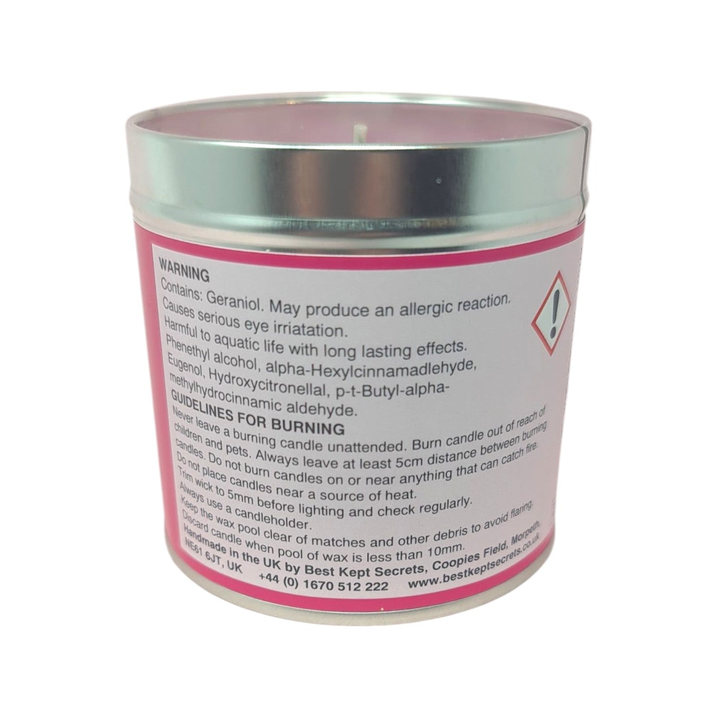 Wild Rose Scented Candle - Scented candle in a tin, featuring vibrant packaging for Seriously Scented Candle – Wild Rose, with safety warnings and burning guidelines.