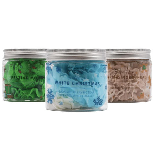 Absolute Whifs Festive Whipped Soap bundle featuring green, blue, and brown scented soaps in clear jars with silver lids