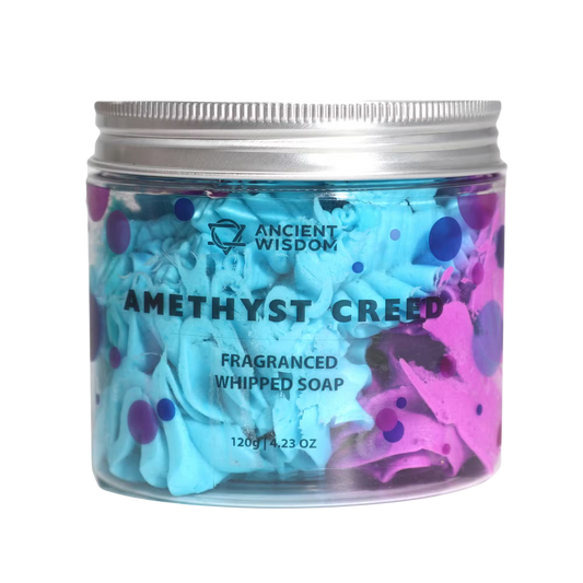 Amethyst Creed Whipped Soap in a clear jar, with vibrant blue and pink whipped soap and a silver lid