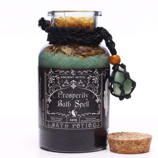 Ancient Witch Bath Spell Prosperity Potion with Aventurine Crystal Amulet in apothecary bottle