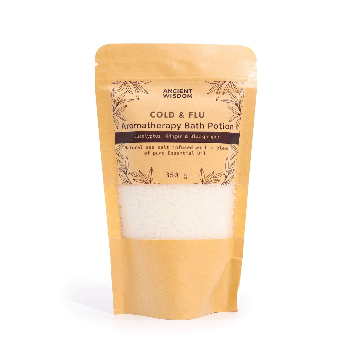 Aromatherapy Bath Potion - Colds & Flu in 350g kraft paper bag with clear window showing white sea salt infused with essential oils