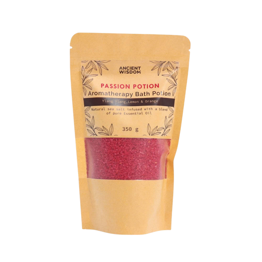 Aromatherapy Bath Potion - Passion in kraft bag with red sea salt and essential oils ylang-ylang, lemon, and orange