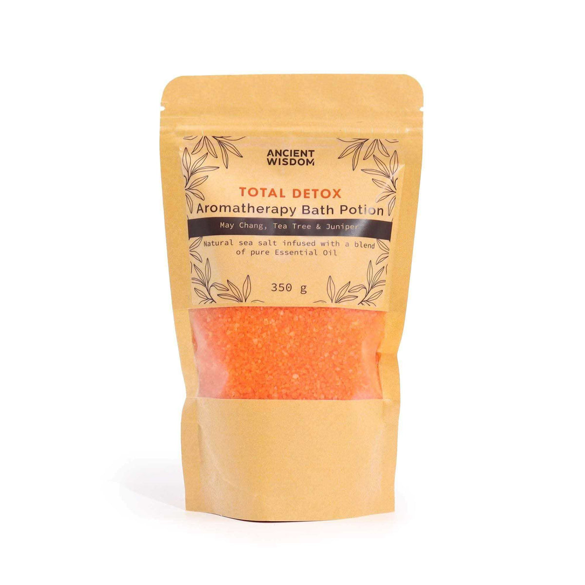 Aromatherapy Bath Potion - Total Detox in a kraft paper bag with orange mineral-rich sea salt visible through a clear window
