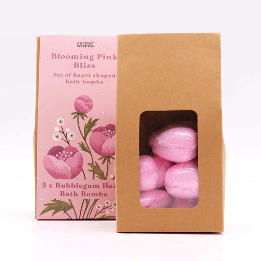 Blooming Pink Bliss bath heart gift set with five pink heart-shaped bath bombs in a decorative box