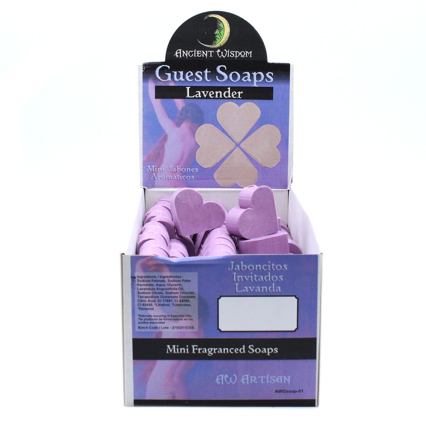 Lavender scented heart guest soaps in a purple box, SLS and paraben free, 20 grams each
