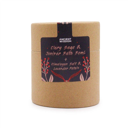 Aromatherapy Bath Collection set with Clary Sage & Juniper Bath Bomb, Himalayan Bath Salt, and Lavender Petals in eco-friendly packaging