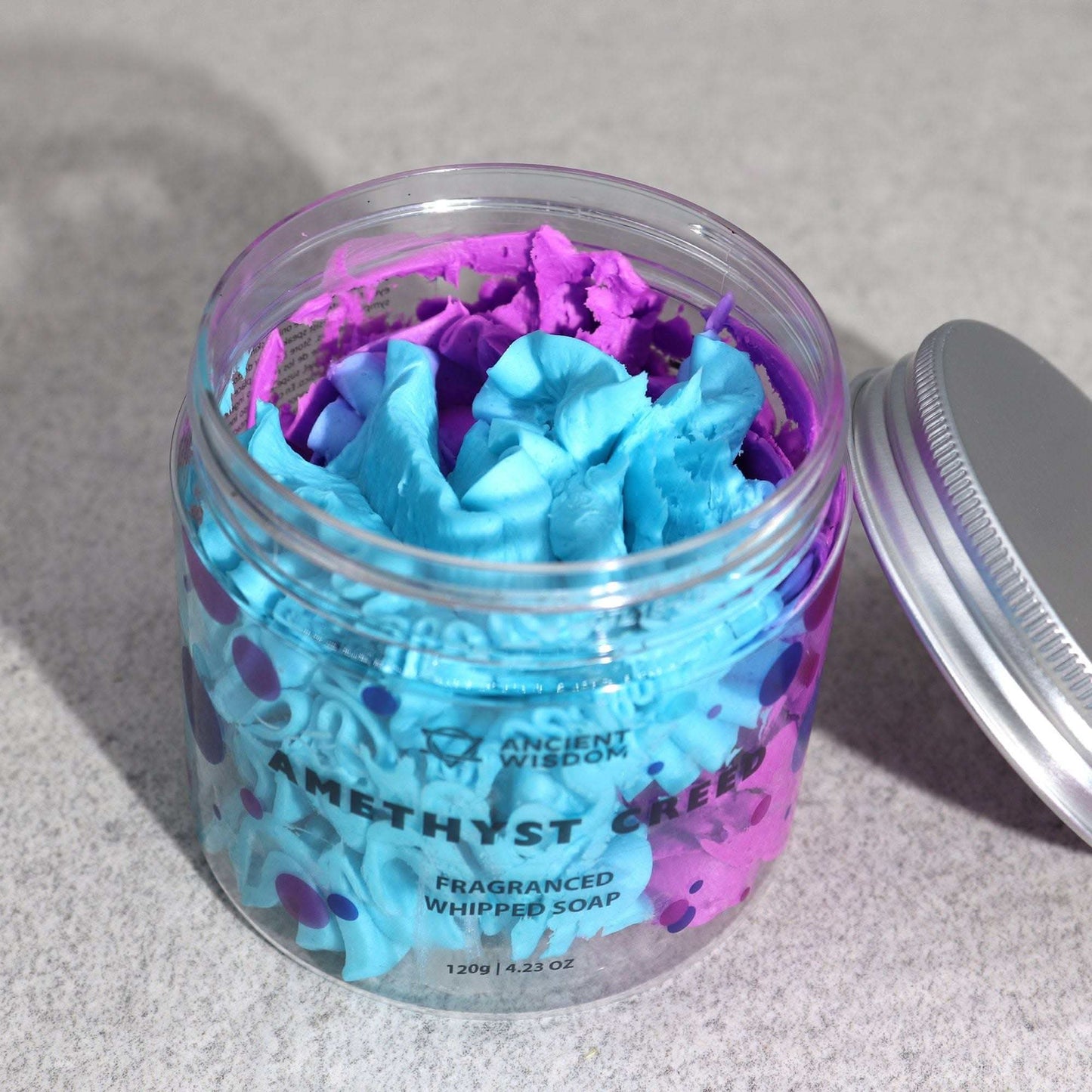 Amethyst Creed Whipped Soap 120g with rich airy purple and blue lather for gentle moisturizing cleansing