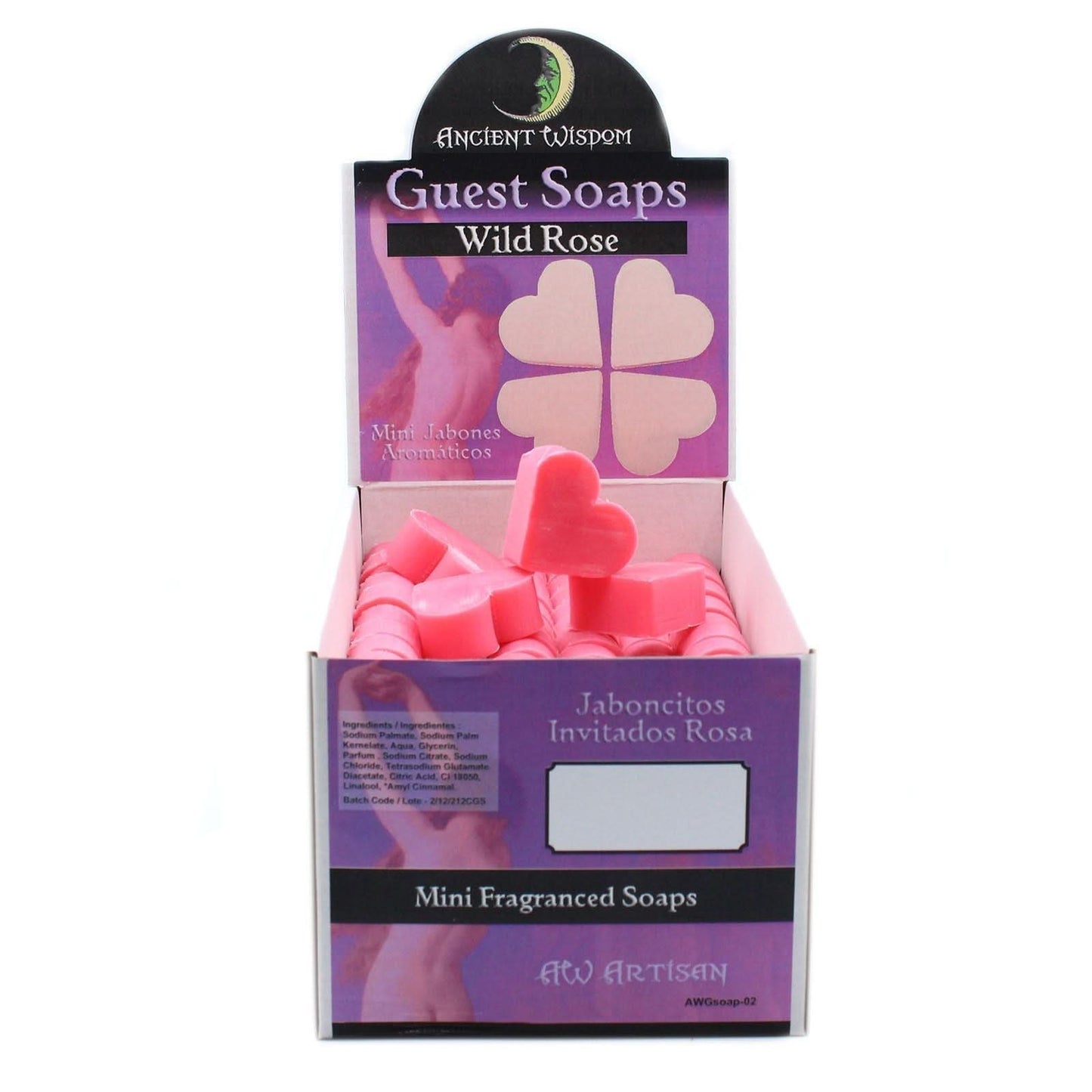Heart shaped wild rose guest soaps in pink display box, SLS and paraben free mini fragranced soaps