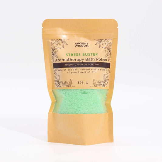 Aromatherapy Bath Potion Stress Buster in kraft bag with bergamot, geranium, vetiver essential oils and sea salt 350g