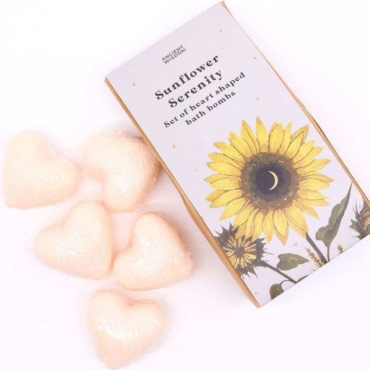 Sunflower Serenity Bath Heart Gift Set with passion fruit scented heart-shaped bath bombs in decorative box
