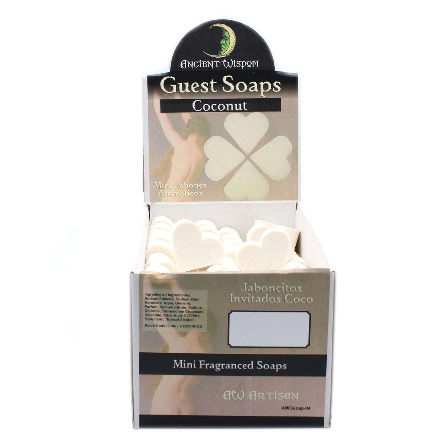 Heart shaped coconut guest soaps in display box, SLS and Paraben free, 20g each