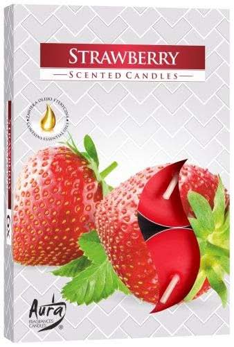 Strawberry Set of 6 Scented Tealights candles in red with strawberry packaging