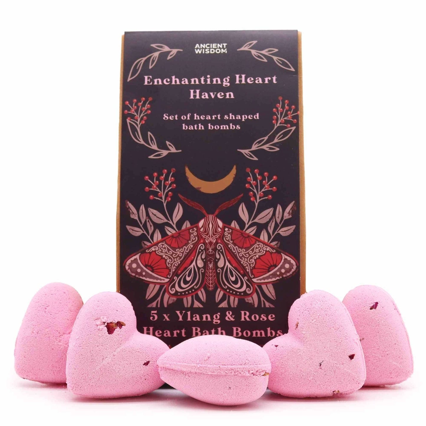Enchanting Heart Heaven Bath gift set with ylang and rose scented heart-shaped bath bombs in gift box