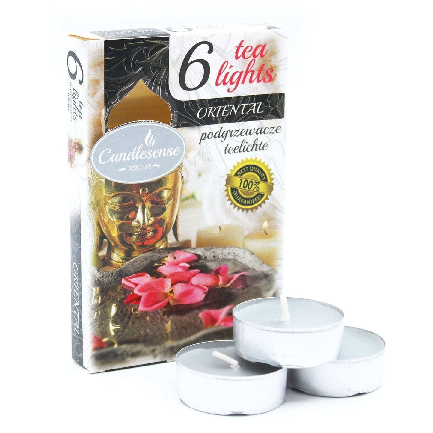 Oriental Set of 6 Scented Tealights with decorative packaging and petals