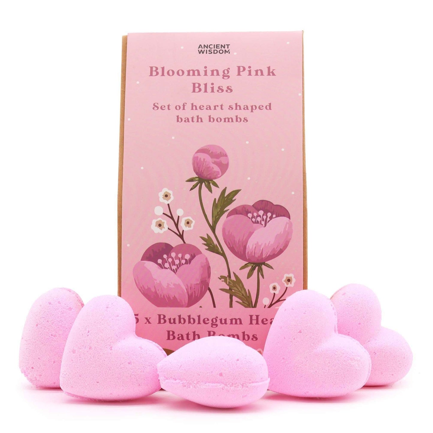Blooming Pink Bliss bath heart gift set with five pink heart-shaped bath bombs in a decorative box