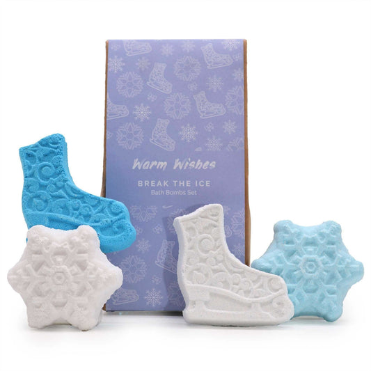 Break The Ice Christmas bath bomb gift pack with snowflake and ice skate shapes in blue and white colors