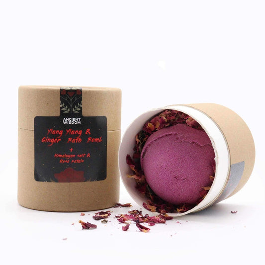 Cupids Self Care aromatherapy set with Ylang Ylang & Ginger Bath Bomb, Himalayan Bath Salt, and rose petals in eco-friendly packaging