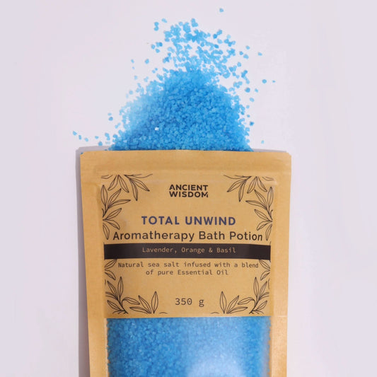 Aromatherapy bath potion with lavender, orange, and basil in kraft bag, 350g sea salt blend