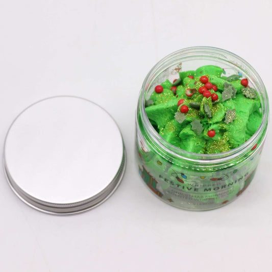 Festive Morning Whipped Soap 120g in jar with green glittery texture and decorative sugar Christmas trees