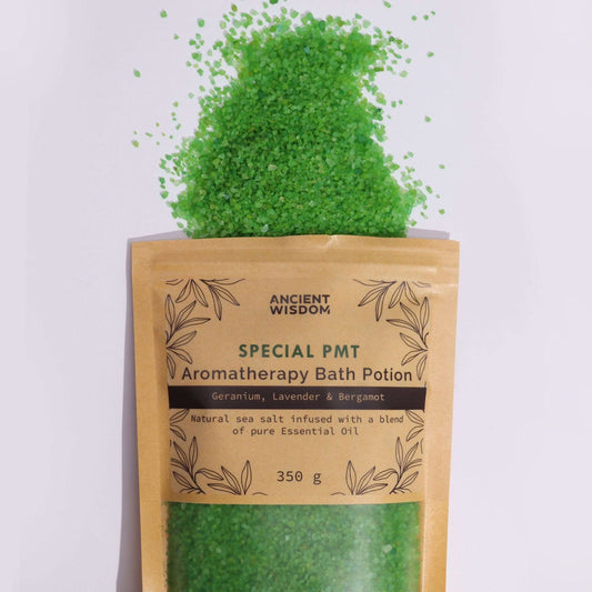 Aromatherapy Bath Potion in kraft bag with green sea salt infused with geranium, lavender, and bergamot essential oils