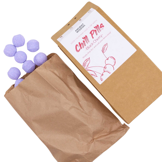 Black Cherry Chill Pills Gift Pack 350g in kraft paper packaging with purple handmade cherry-scented bath pills