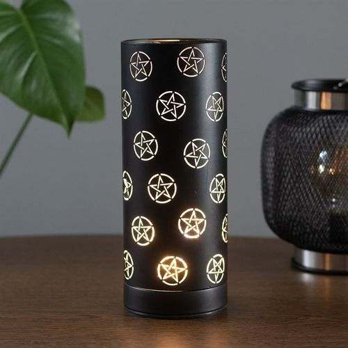 Black Pentagram Aroma Lamp with illuminated pentagram design on a wooden table.