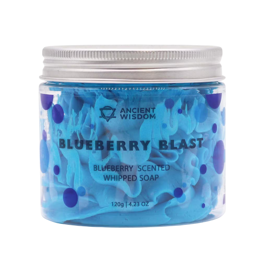 Blueberry Whipped Soap in a blue jar with blueberry pattern, white lid, and whipped soap label
