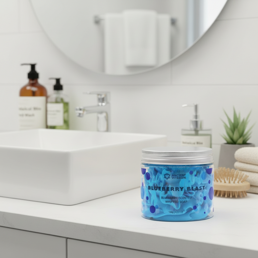 Blueberry Whipped Soap in a clear jar with bright blue blueberry pattern and whipped soap label