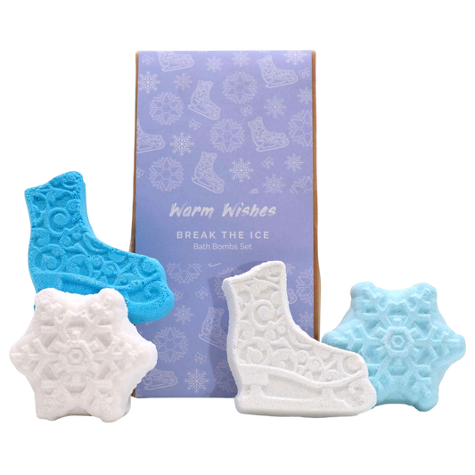 Break the Ice Christmas Bath Bomb Gift Pack with blue and white bath bombs shaped like ice skates and snowflakes in festive packaging