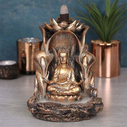 Bronze Buddha backflow incense burner with cascading smoke waterfall effect.