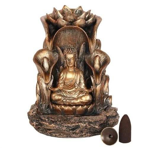 Bronze Buddha backflow incense burner with waterfall smoke effect.