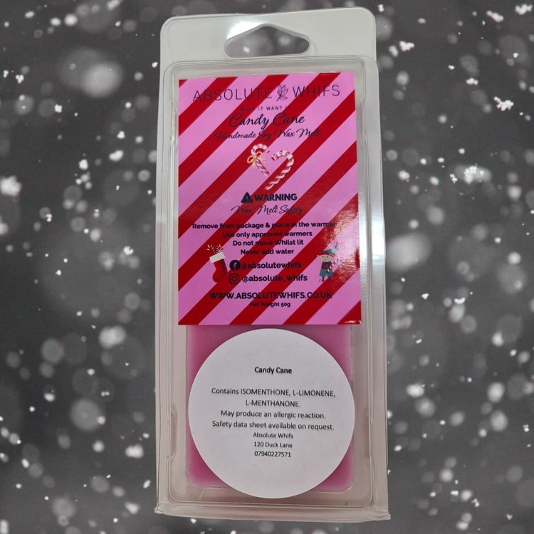 Candy Cane Wax Melt Snap Bar with festive packaging and holiday scent.