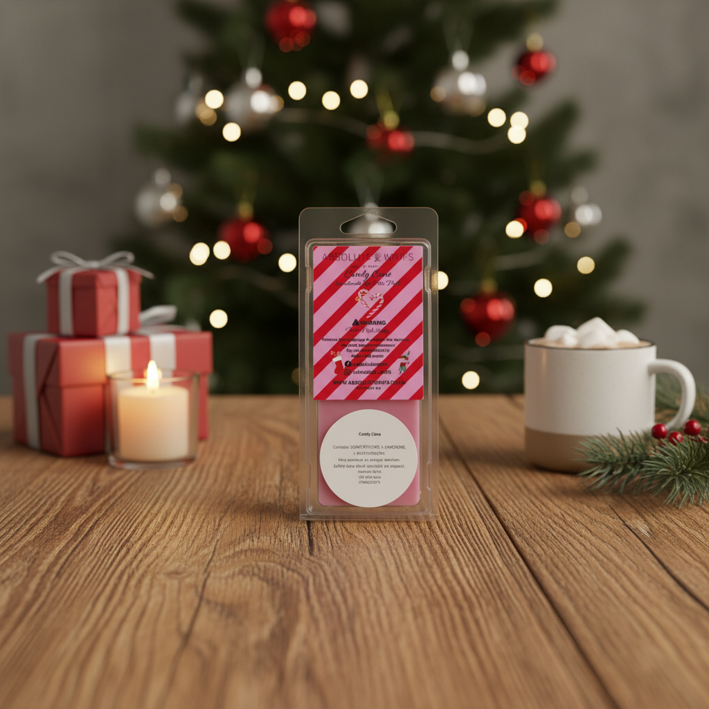 Candy Cane Wax Melt Snap Bar in clear plastic packaging with red and white striped label, set on wood table with festive background