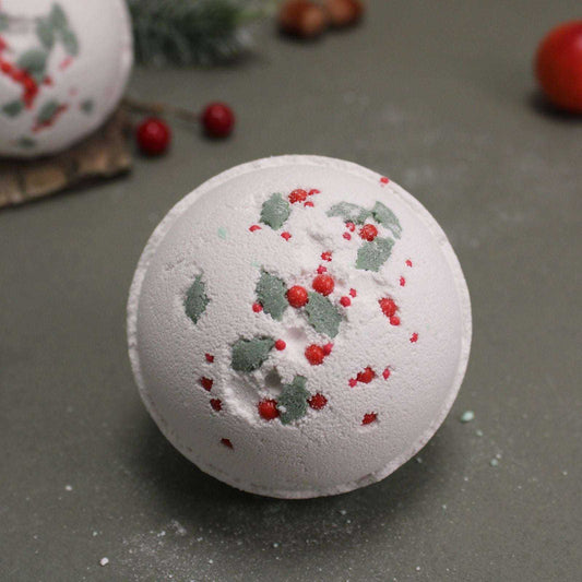 Christmas bath bomb with holly berry and mistletoe scent
