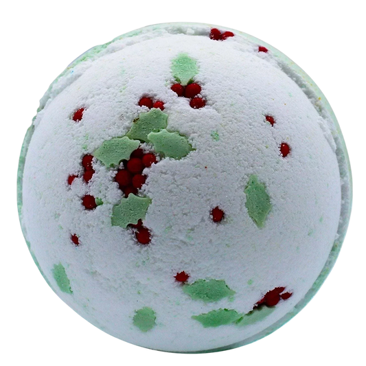 Christmas bath bomb with holly berry and mistletoe scent fizzing in water