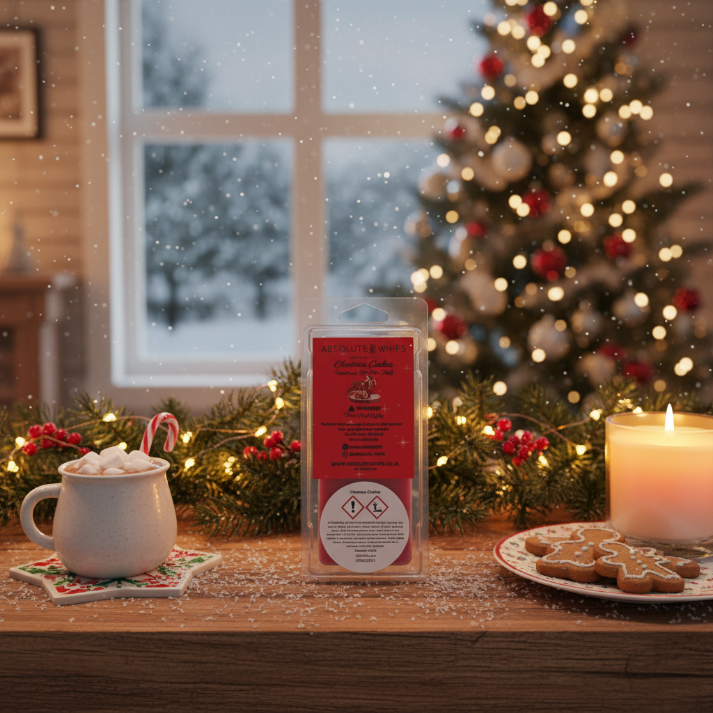 Christmas Cookie Wax Melt Snap Bar in clear packaging with a red label, displayed on a festive wooden table with holiday decorations, cookies, a candle, and a mug of hot chocolate topped with marshmallows and a candy cane, evoking a warm Christmas atmosphere